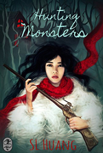 Hunting Monsters book cover: a young woman with a red scarf, fur wrap, and a gun